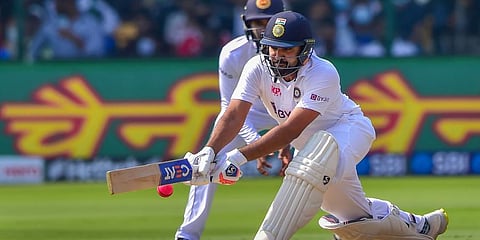India's Rohit Sharma plays a shot during the second day of 2nd test match between India and Sri Lanka, at Chinnaswamy Stadium in Bengaluru, Sunday, March 13, 2022. (Photo | PTI)