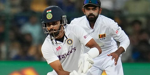 Shreyas Iyer prepares to play a shot during the first day of the second cricket Test match between India and Sri Lanka in Bengaluru. (Photo | AP)