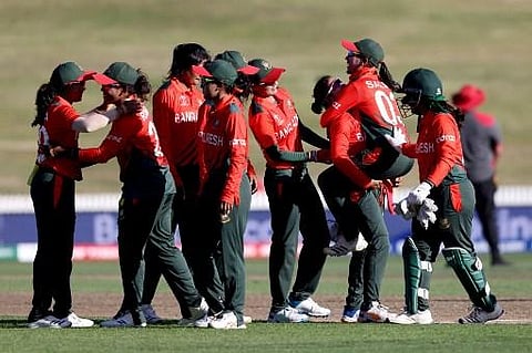 Bangladesh celebrate their win during the 2022 Women's Cricket World Cup match between Pakistan and Bangladesh at Seddon Park in Hamilton on March 14, 2022. (Photo | AFP)