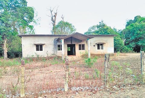 A view of the the incomplete Gopala Gowda study centre building in Shantaveri village of Tirthahalli taluk; (inset) Shantaveri Gopala Gowda | express