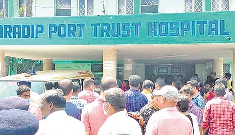 Protesters gather at Paradip Port Trust hospital on Sunday. (Photo| EPS)