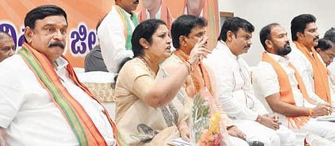 BJP national general secretary D Purandeswari addresses a meeting of the party Shakti Kendra Pramukhs in Visakhapatnam on Sunday I express