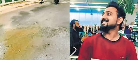 The stretch of MS Palya Road in Yelahanka zone where Ashwin M (right) died while riding his two-wheeler