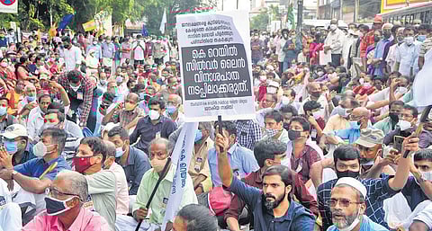 File photo of protest held against Silverline in front of the Secretariat in Thiruvananthapuram. (File photo | EPS)