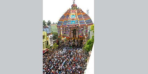 Thousands of devotees drawing the ‘Aazhi Ther ’ at Tiruvarur Thyagaraja Swamy Temple on Tuesday| Express