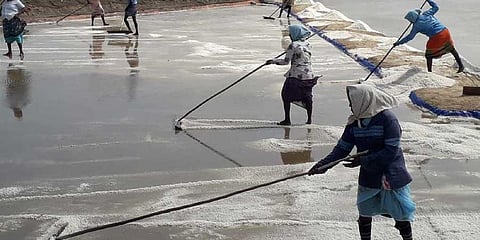 Salt labourers working in a saltern at Agasthiyampalli near Vedaranyam | Express