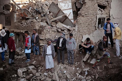 Armed Houthi fighters attend the funeral procession of Houthi rebel fighters. ( Photo | AP)