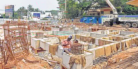 Preparatory works for setting up the temporary shops where vendors at Palayam Connemara Market will be rehabilitated is fast progressing. A scene from the site where the blocks are being built | B P D