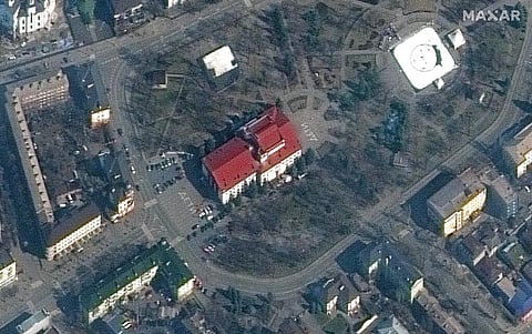 This satellite image provided by Maxar Technologies shows the Mariupol Drama Theater in Mariupol, Ukraine on Monday, March 14, 2022. (Photo| AP)