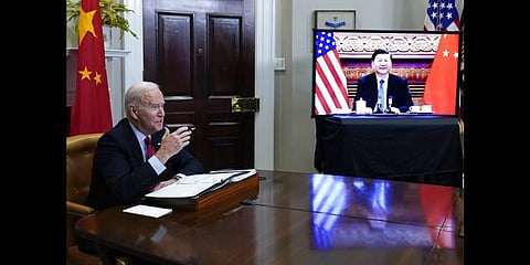 President Joe Biden meets virtually with Chinese President Xi Jinping from the Roosevelt Room of the White House in Washington, on Nov. 15, 2021.(File photo | AP)