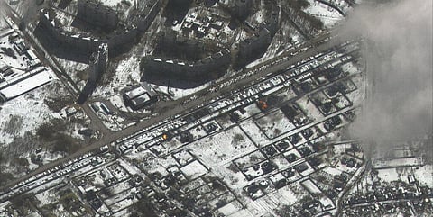 This satellite image provided by Maxar Technologies shows fires and damage in a residential area during the Russian invasion, in Kharkiv, Ukraine. (Photo | AP)
