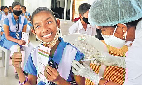 A schoolgirl being administered Covid-19 vaccine in Bhubaneswar on Wednesday | IRFANA