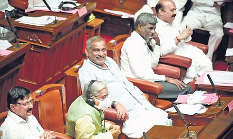 Chief Minister Basavaraj Bommai, along with ministers Kota Shrinivas Poojary, J C Madhuswamy, Govind Karjol and Araga Jnanendra, in the Council on Thursday.