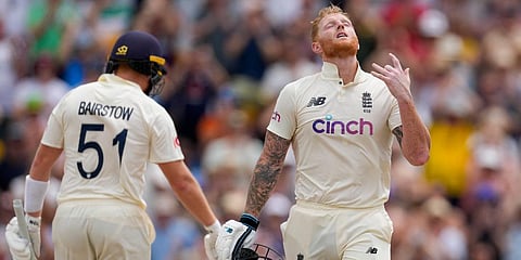 England's Ben Stokes celebrates after he scored a century against West Indies during Day 2 of the 2nd Test match at the Kensington Oval in Bridgetown. (Photo| AP)