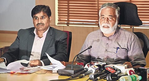 Education Minister B C Nagesh addresses the media at the Education Department office in Bengaluru on Friday. (Photo | Ashishkrishna HP/EPS)