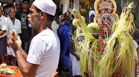 (L) Malabar’s Mukri theyyam (Photo | Prakash Mahadevagramam). (R) Karimchamundi (Photo | Vishnu Kuttamath)
