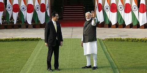 Japan PM Fumio Kishida interacts with PM Narendra Modi at Hyderabad House in New Delhi on Saturday. (Photo | Shekhar Yadav, EPS)