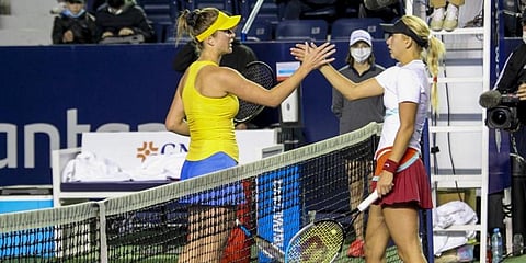 Elina Svitolina of Ukraine, left, and Anastasia Potapova of Russia shake hands after their match at the Abierto de Monterrey tennis tournament in Monterrey, Mexico, Tuesday, March 1, 2022. (Photo |AP)