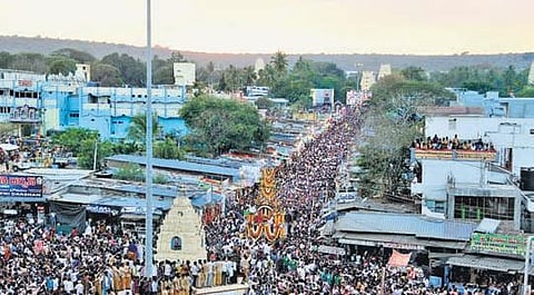 Crowds in the streets of Srisailam celebrating the Kalyanotsavam of Lord Mallikarjuna Swamy and Bhramaramba Devi