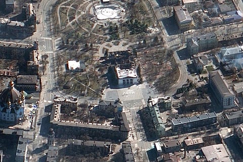 This satellite image provided by Maxar Technologies on Saturday, March 19, 2022 shows the aftermath of the airstrike on the Mariupol Drama theater. (Photo | AP)