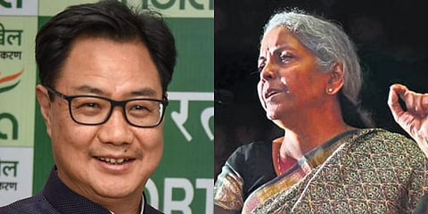 Union Ministers Kiren Rijiju (L) and Nirmala Sitharaman (File photo| PTI and EPS)