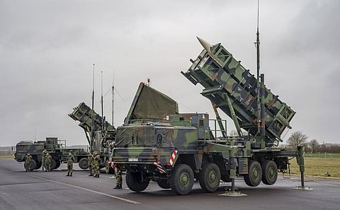 Ready-for-combat 'Patriot' anti-aircraft missile systems of the German forces Bundeswehr's anti-aircraft missile squadron 1 stand on the airfield of military airport. (Photo | AP)