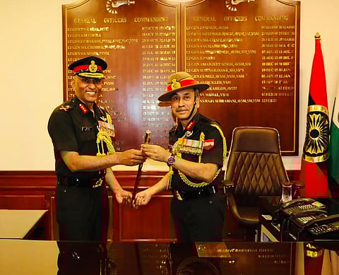 Lt Gen Pratik Sharma (left) assuming charge of the Kharga Corps (Photo | Special arrangement)