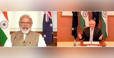 Indian Prime Minister Narendra Modi and his Australian counterpart, Scott Morrison. (Photo | PTI)