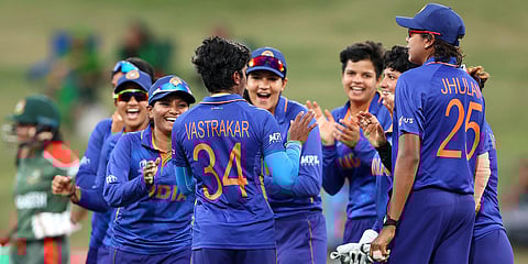 Team India celebrates the dismissal of Bangladesh batter Rumana Ahmed in an ICC Women's World Cup match in Hamilton. (Photo| Twitter)