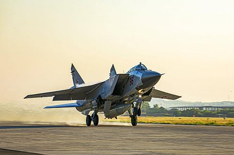 A Russian MiG-31 fighter jet carrying a Kinzhal missile takes off from the Hemeimeem air base in Syria on June 25, 2021. (Photo | AP)