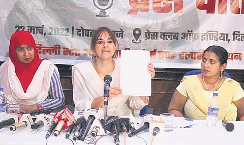 Delhi State Anganwadi Workers and Helpers Union members during a press conference against imposition of ESMA act. ( Photo | EPS)