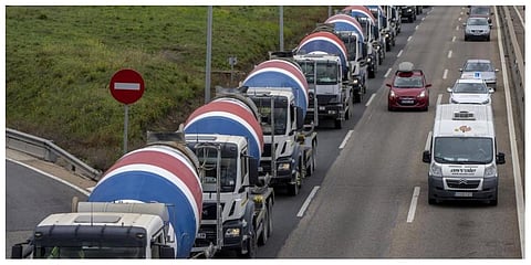 Trucks gather to protest against the high price of fuel in Parla, on outskirts of Madrid, Spain, Tuesday, March 22, 2022. (Photo | AP)