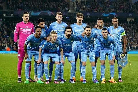 Manchester City squad pose ahead of the Champions League round of 16 second leg soccer match between Manchester City and Sporting Lisbon at the City of Manchester Stadium in Manchester. ( Photo | AP)