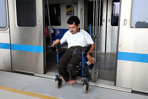 Member of Disablity Rights Alliance visting Wimco Nagar Depot metro station to check the accessibility on Tuesday. (Photo | Neha Thomas, EPS)