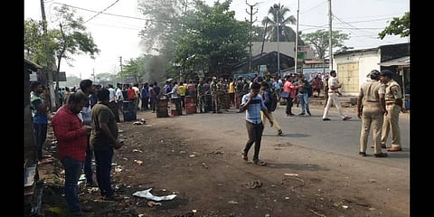 Locals blocked the road at Pitala Chhack demanding arrest of the accused persons on Wednesday( Photo | Express)