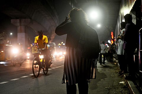 File picture of a woman standing on a busy road. (Photo | Debadatta Mallick, EPS)