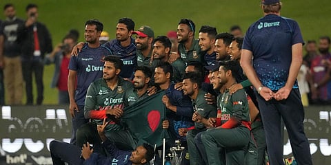 Bangladesh's players pose for a photograph as they celebrate their win of the ODI series against South Africa at Centurion Park in Pretoria. (Photo| AP)