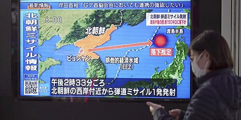 a TV displaying a news program on North Korea's missile launch Thursday, March 24, 2022, in Tokyo.(Photo | AP)