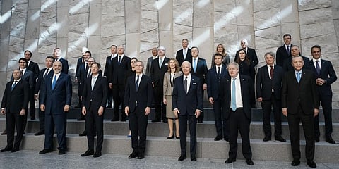 NATO heads of state pose for a group photo during an extraordinary NATO summit at NATO headquarters in Brussels, Thursday, March 24, 2022(Photo | AP)