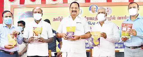 Ministers Ma Subramanian, R Gandhi and PK Sekar Babu on Wednesday released new products of the Khadi Board | Express