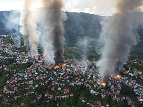 In this File photo released by the Chin Human Rights Organization, fires burn in the town of Thantlang in Myanmar's northwestern state of Chin, on Friday Oct. 29, 2021. (Photo |AP)