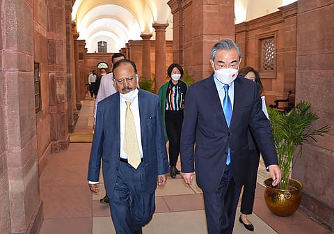 Chinese Foreign Minister Wang Yi along with National Security Advisor Ajit Doval on Friday. (Photo | PTI)