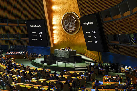 Screens display the results of a vote on a resolution regarding the war in Ukraine at United Nations headquarters, Thursday, March 24, 2022. (Photo | AP)