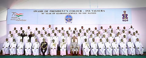 Over 800 Officers and men of INS Valsura, looking spectacular in their ceremonial dresses, marched proudly to the tunes of the Naval Band. (Photo | Special arrangement)