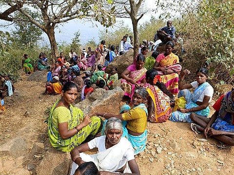 Women waiting off the cliff to get old-age pension and MGNREGA wage in Peenjamandhai, Vellore in Tamil Nadu.