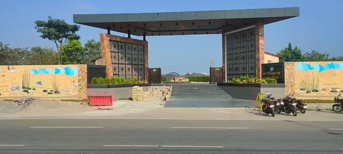 A long view of the entrance step of the Pallikaranai eco-park where works are underway for the construction of a disabled-friendly ramp and railing. (Photo | Special Arrangement)