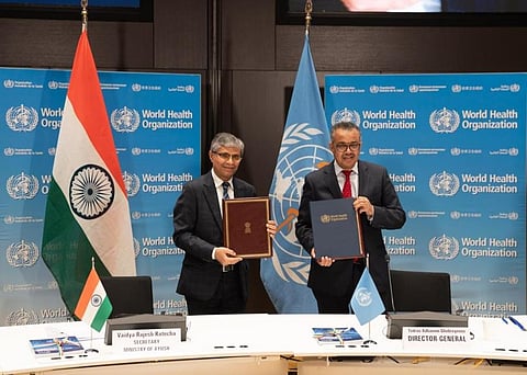 Ministry of Ayush signed the Host Country Agreement with World Health Organization for establishing WHO Global Centre for Traditional Medicine in India at Jamnagar, Gujarat. (Photo | Twitter@moayush)