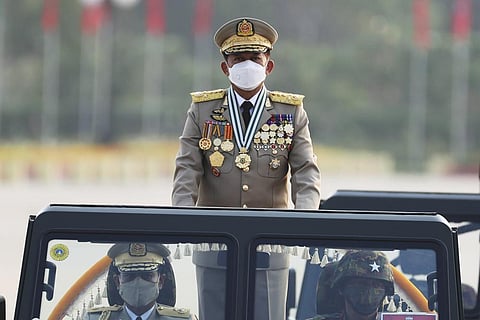 Senior Gen. Min Aung Hlaing, head of the military council, inspects officers during a parade to commemorate Myanmar's 77th Armed Forces Day. (Photo | AP)