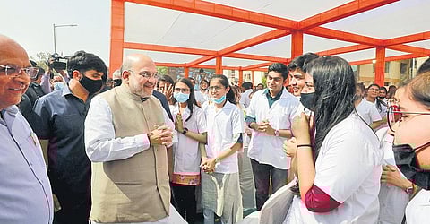 Amit Shah interacts with medical students at a hospital in Ahmedabad | express