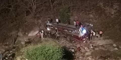 The damaged bus in Andhra Pradesh's Chittoor district. (Photo| EPS)